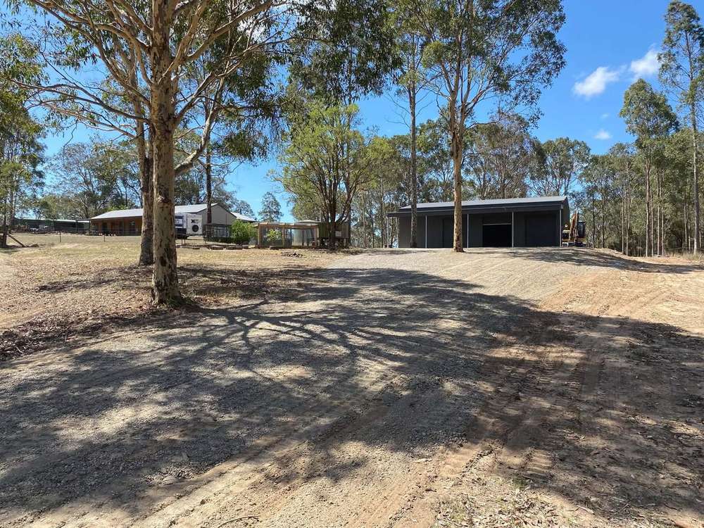 New gravel driveway up to a shed on an acreage block